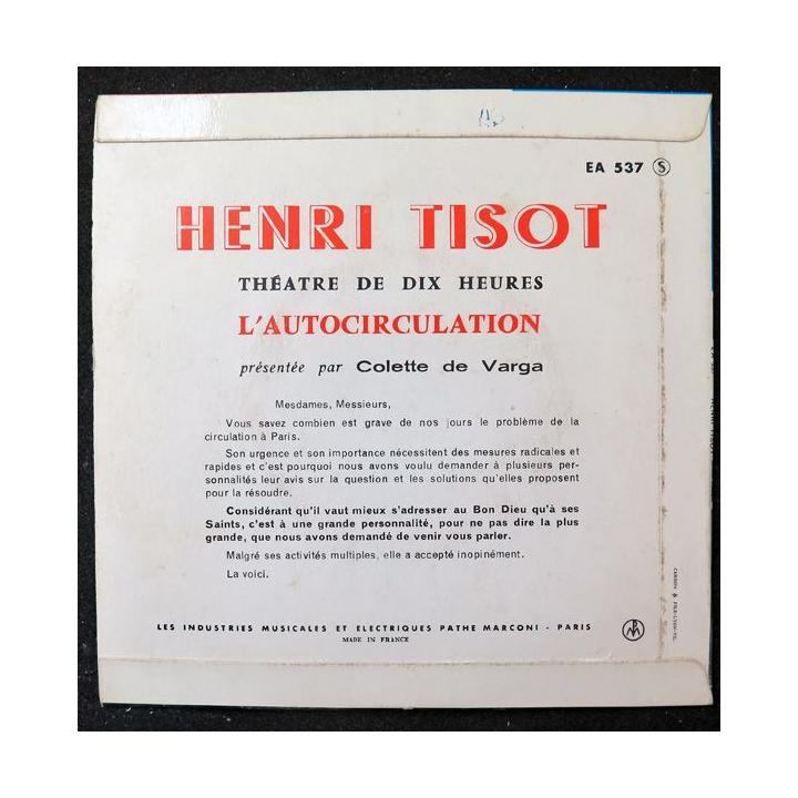 Disque 45 Tours L'autocirculation et Théâtre de 10 heures de Henri Tisot