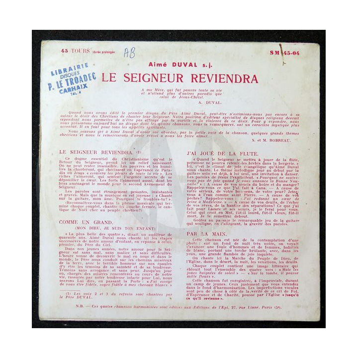 Disque 45 Tours Le Seigneur reviendra de Aimé Duval s.j