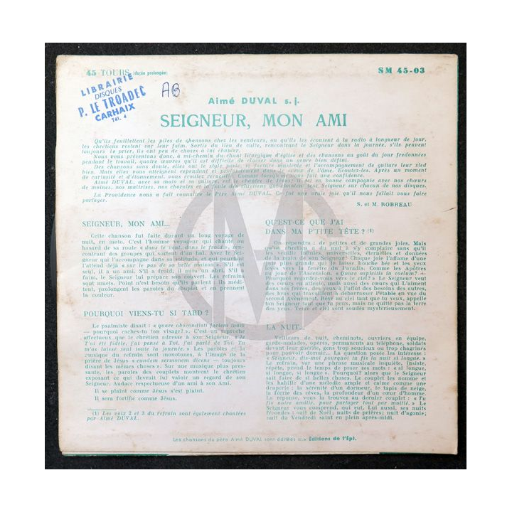 Disque 45 Tours Le Seigneur mon Ami de Aimé Duval s.j