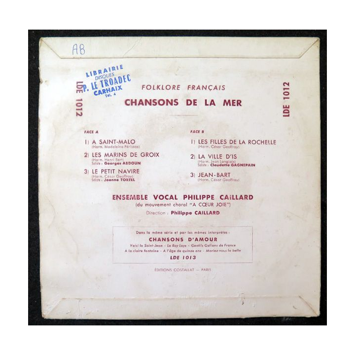 Disque 45 Tours Chansons de la mer Folklore français Erato