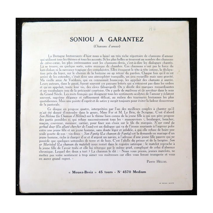 Disque 45 Tours Soniou a Garantez de Mouez Breiz