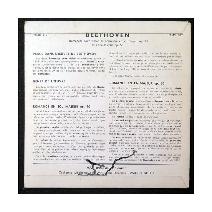 Disque 45 Tours Beethoven Romance en sol majeur et en fa majeur