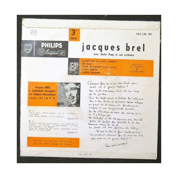 Disque 45 Tours Quand on n'a que l'Amour de Jacques Brel