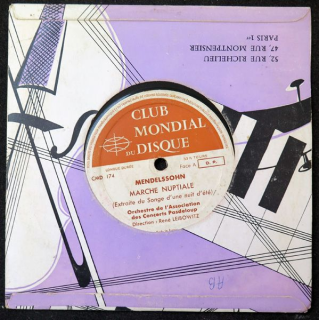 Disque 45 Tours Club mondial du disque Mendelszsohn et Sibelius