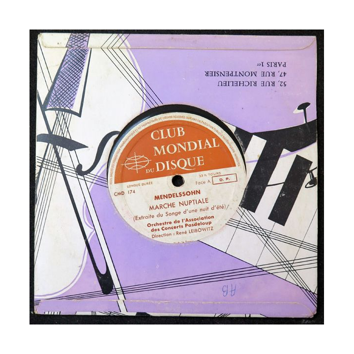 Disque 45 Tours Club mondial du disque Mendelszsohn et Sibelius