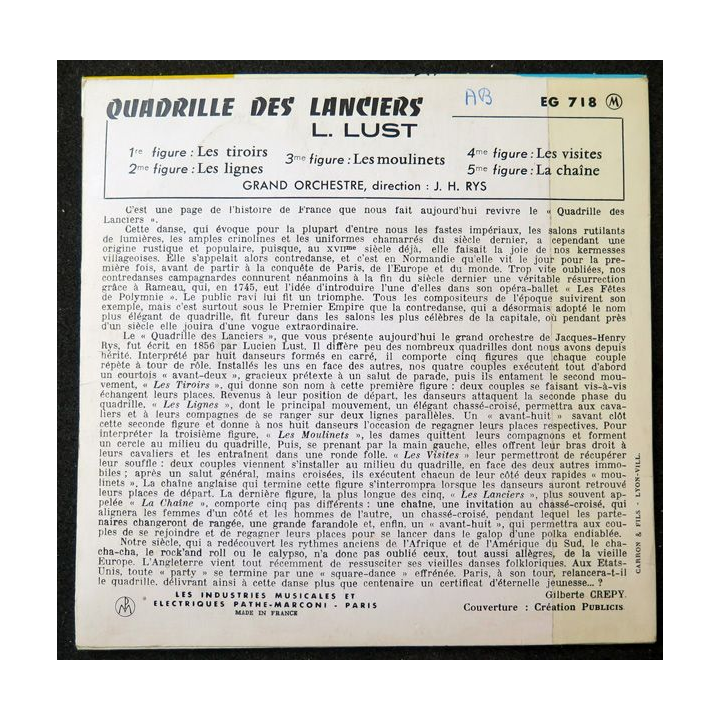 Disque 45 Tours Quadrille des Lanciers avec le Grand Orchestre