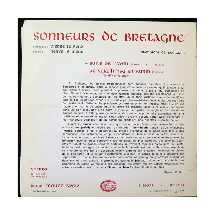 Disque 45 Tours Sonneurs de Bretagne Pierre Le Beuz et Hervé Le Meur