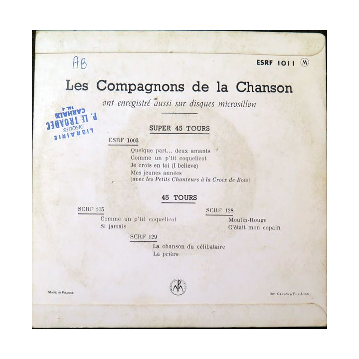 Disque 45 Tours Aux Marches du Palais par Les compagnons de la chanson 