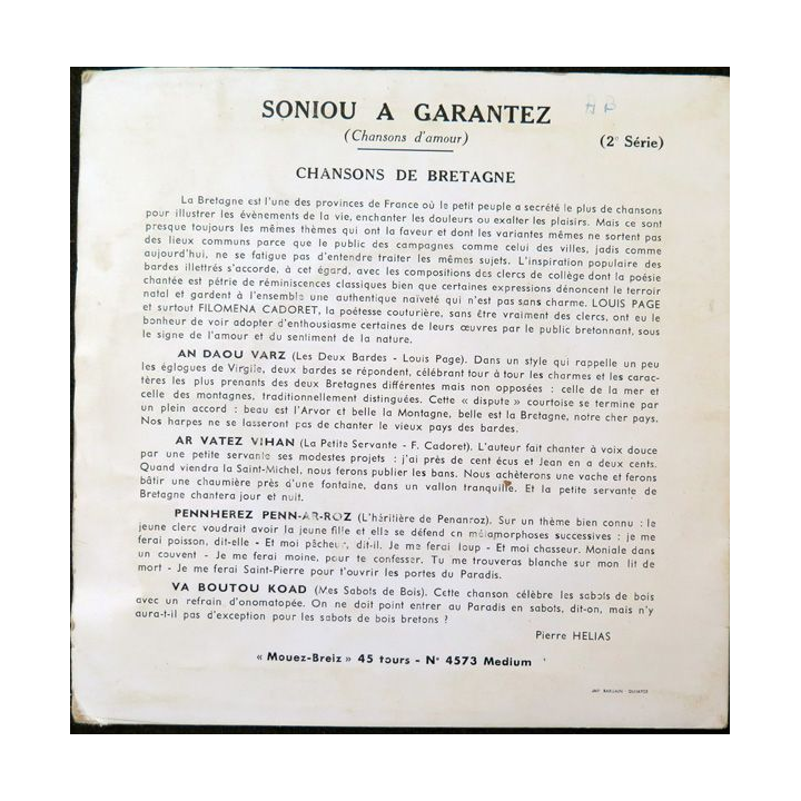 Disque 45 Tours Soniou a Garantez de Mouez Breiz Chansons d'Amour 2° série