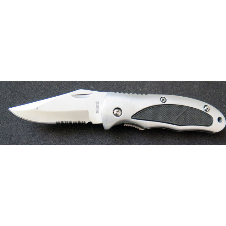 Couteau à cran d'arrêt en acier inoxydable manche en métal et caoutchouc longueur repliée 11 cm