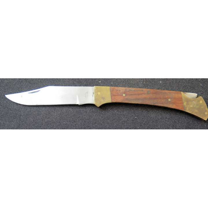 Couteau pakistanais à cran d'arrêt en inox manche en bois et laiton longueur repliée 12 cm