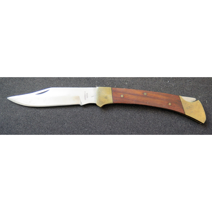 Couteau pakistanais à cran d'arrêt en acier inox manche en bois et laiton longueur repliée 12 cm