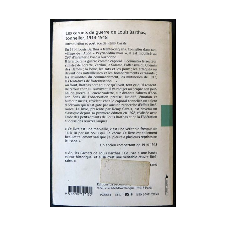 Les carnets de guerre de Louis Barthas, tonnelier, 1914-1918 aux éditions La Découverte