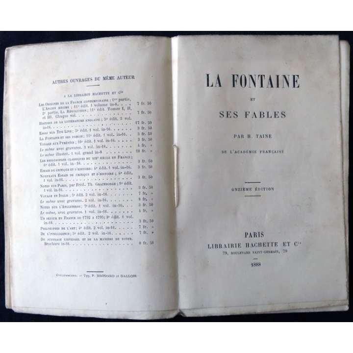 La Fontaine et ses fables Par H. Tane  édité par Librairie Hachette & Cie Paris 1888