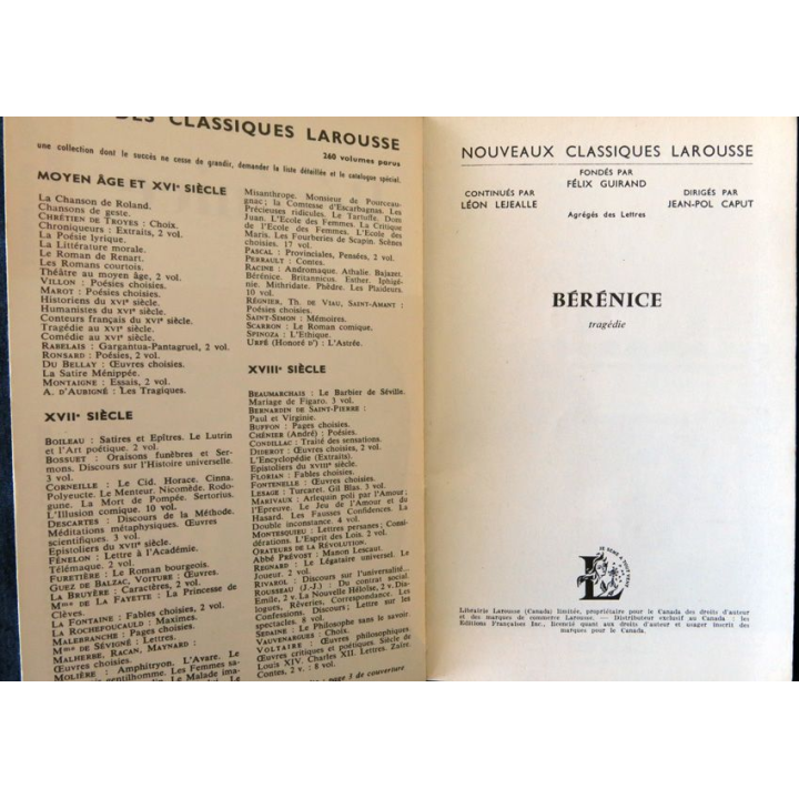 Racine : Bérénice Par Léon Lejealle Editions Nouveaux classiques Larousse