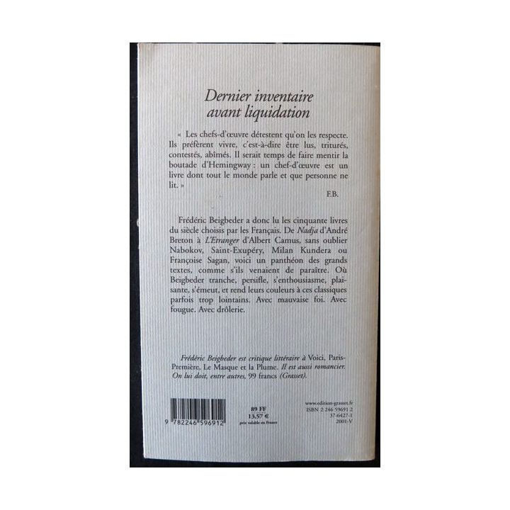 Dernier inventaire avant liquidation de Frédéric Beigbeder aux éditions Grasset