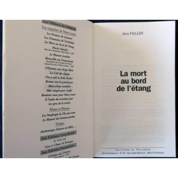 La mort au bord de l'étang - une enquête de Mary Lester de Jean Failler aux éditions du Palémon