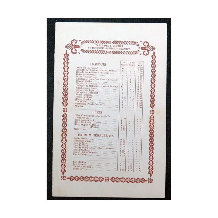 Carte des tarifs des liqueurs et boissons rafraichissantes des messageries maritimes 1905