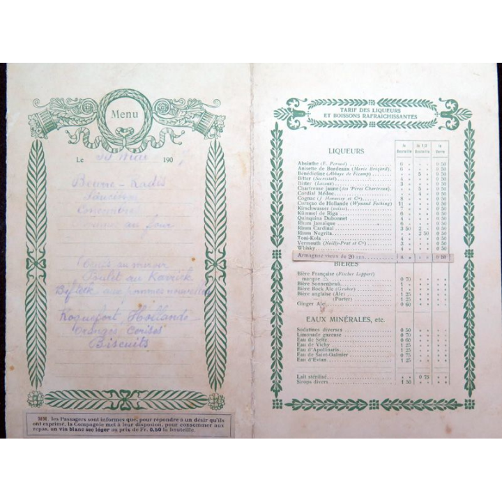Carte de menu et boissons du 30 mai 1907 du Paquebot Atlantique