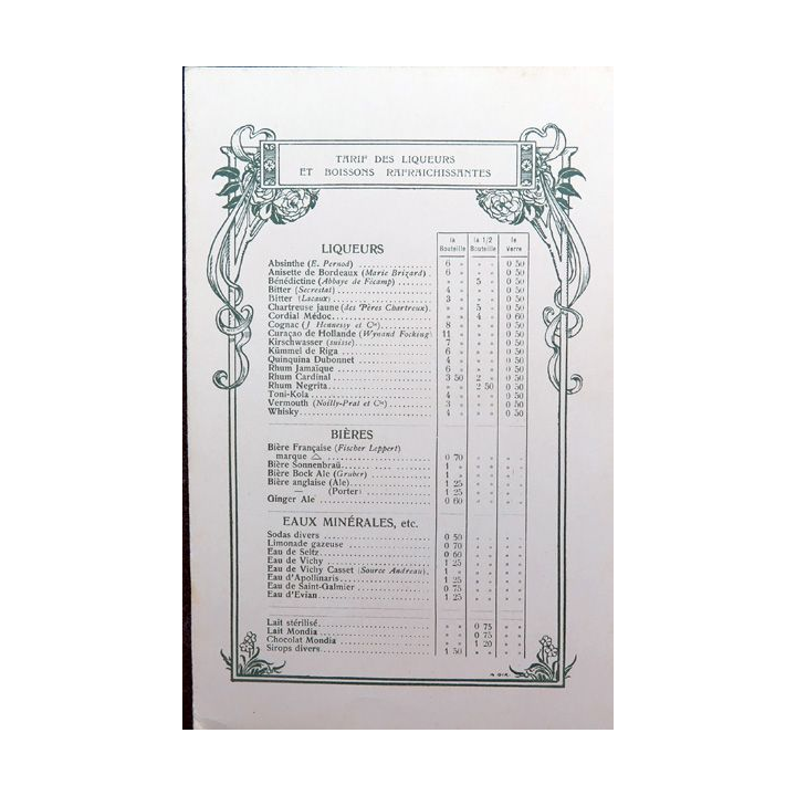 Carte des tarifs des liqueurs et boissons rafraichissantes des messageries maritimes 1905