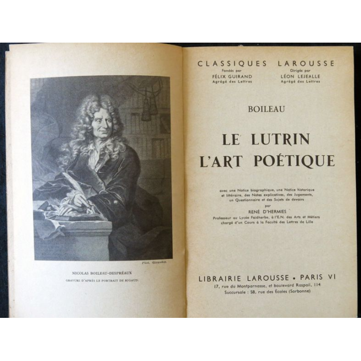 Boileau : Le lutrin - l'art poétique de René d'Hermies aux éditions Librairie Larousse