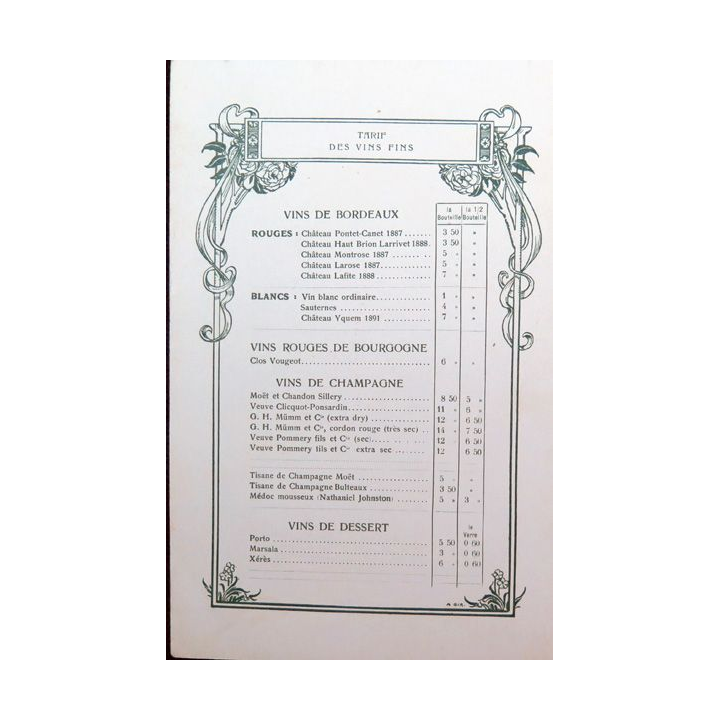 Carte des tarifs des vins fins  du Paquebot Amazone 1° classe début années 1900