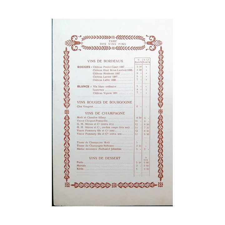 Carte des tarifs des vins fins  du Paquebot Amazone 1° classe début années 1900