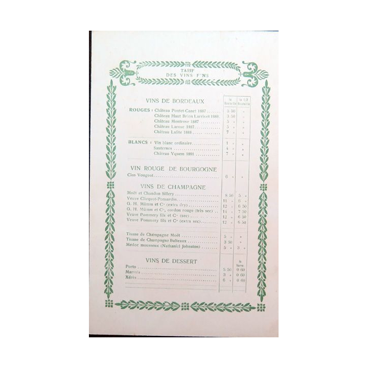 Carte des tarifs des vins fins  du Paquebot Magellan 1° classe début années 1900