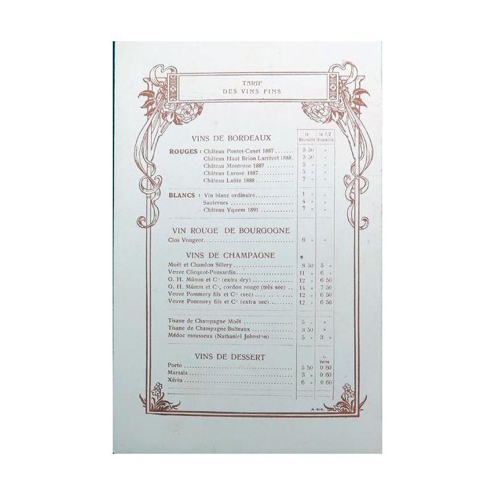 Carte des tarifs des vins fins du Paquebot Magellan 1° classe début années 1900