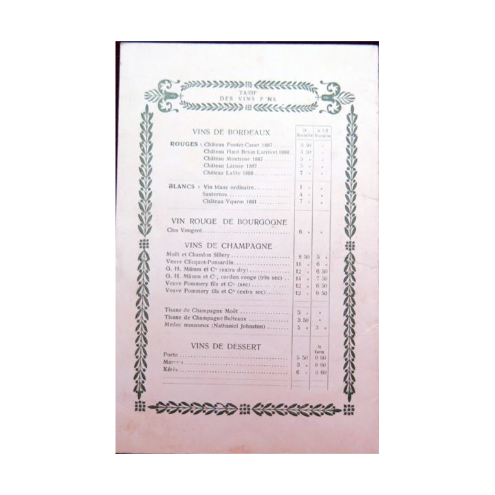 Carte des tarifs des vins fins du Paquebot Magellan 1° classe début années 1900