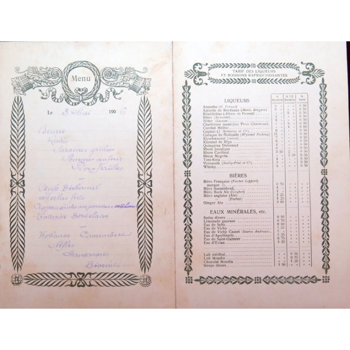 Carte de menu et boissons du 3 mai 1906 du Paquebot Armand-Béhic 1° classe
