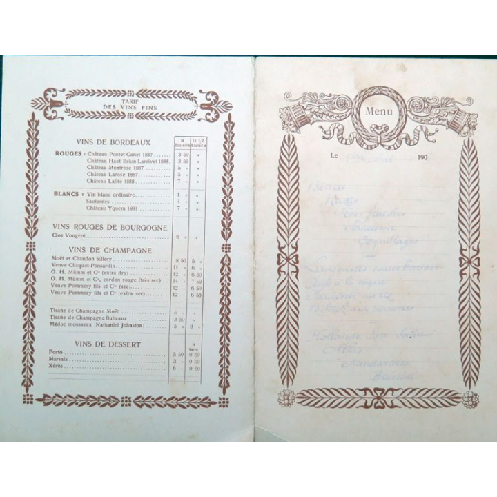 Carte de menu et boissons du 1° mai 1907 du Paquebot Amazone 1° classe
