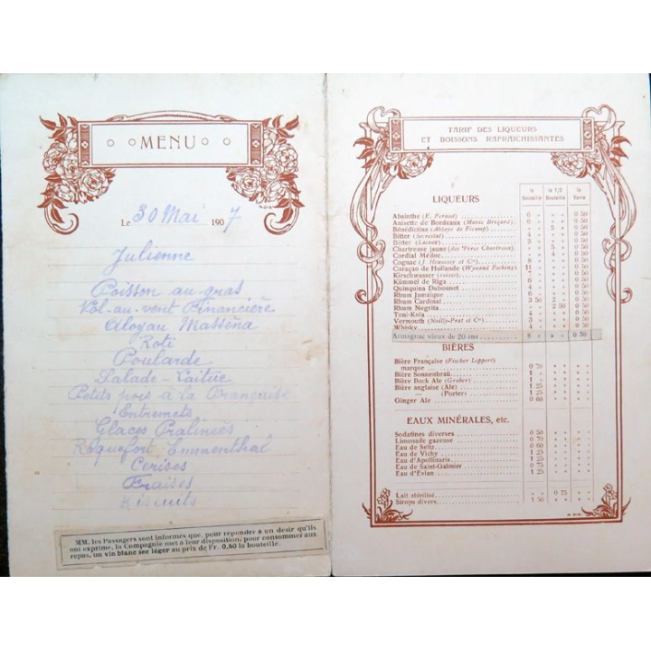Carte de menu et boissons du 30 mai 1907 du Paquebot Polynésien