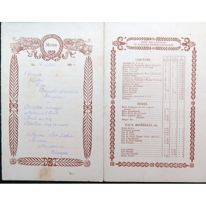 Carte de menu et boissons du 4 mai 1906 du Paquebot Amazone 1° classe