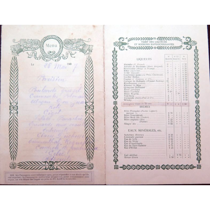 Carte de menu et boissons du 28 mai 1907 du Paquebot Dupleix 1° classe