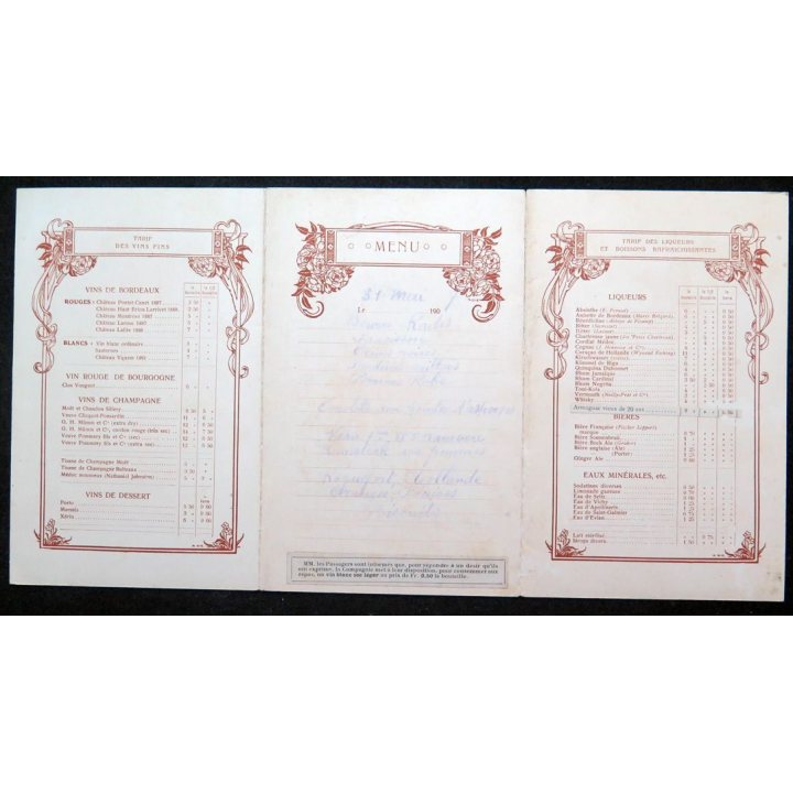 Carte du menu du 31 mai 1907,  des tarifs des vins fins et liqueurs du Paquebot Magellan 1° classe