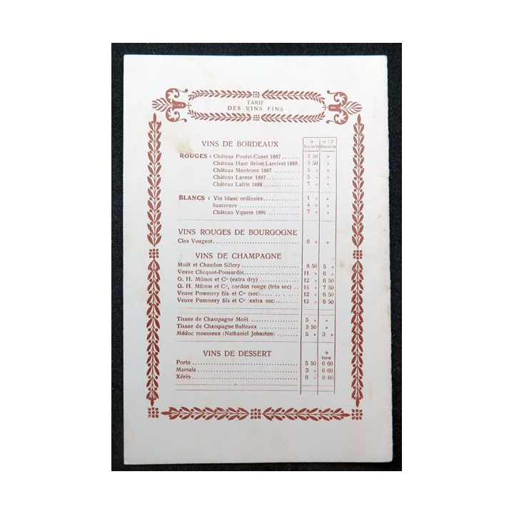 Carte des tarifs des vins fins  du Paquebot Amazone 1° classe début années 1900