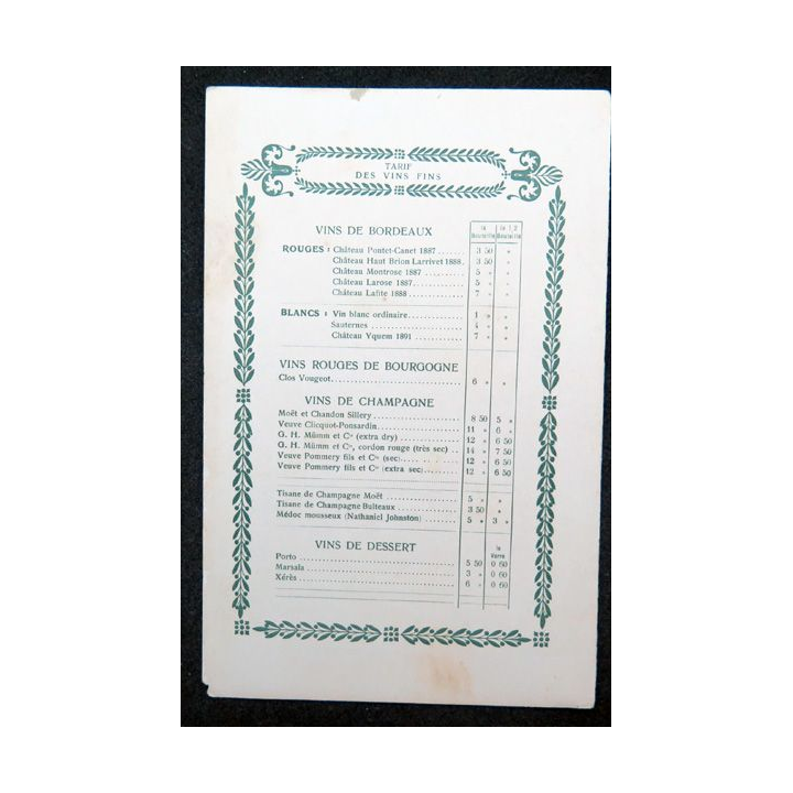 Carte des tarifs des vins fins  du Paquebot Amazone 1° classe début années 1900