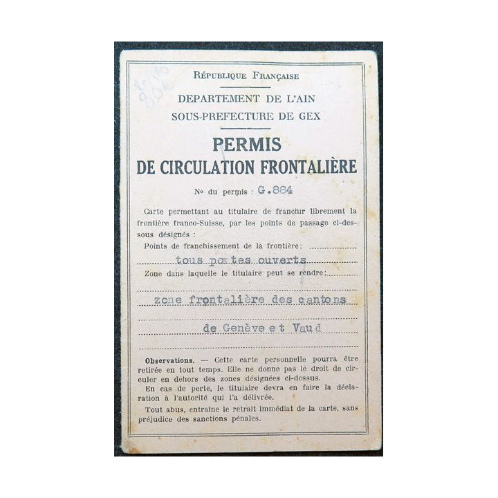 Permis de circulation frontalière Sous préfecture de Gex (Ain) 1947