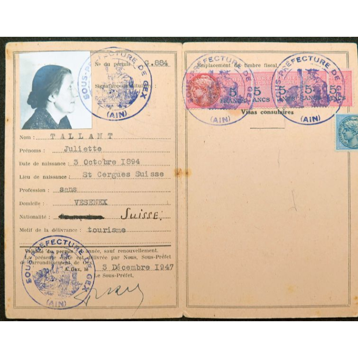 Permis de circulation frontalière Sous préfecture de Gex (Ain) 1947
