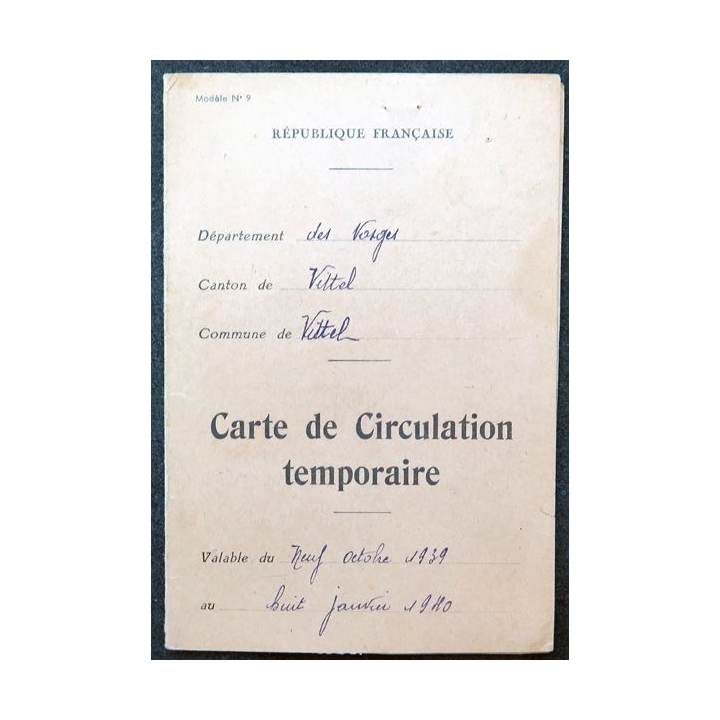 Carte de circulation temporaire octobre 1939 janvier 1940 Canton de Vittel (Vosges)