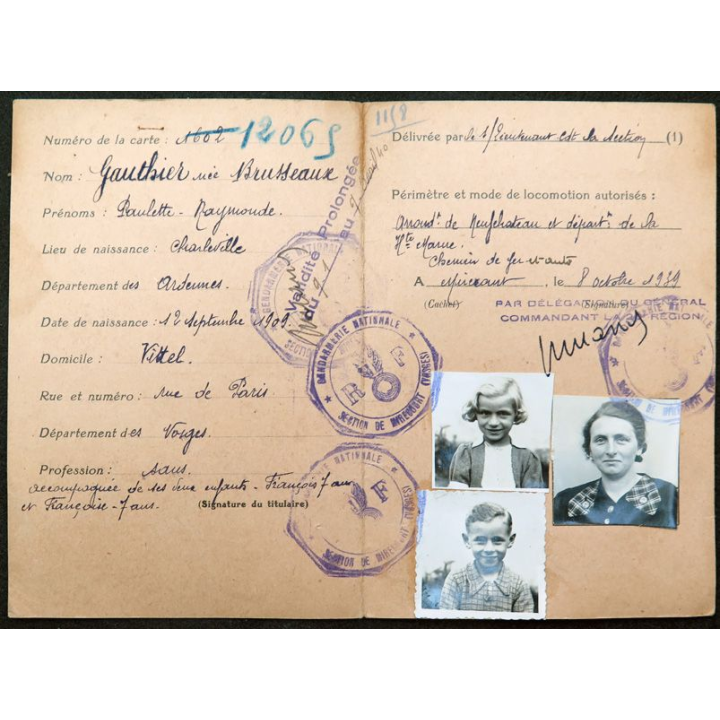 Carte de circulation temporaire octobre 1939 janvier 1940 Canton de Vittel (Vosges)