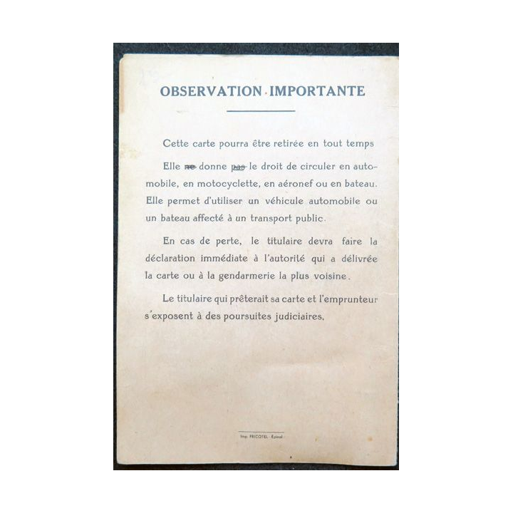 Carte de circulation temporaire octobre 1939 janvier 1940 Canton de Vittel (Vosges)