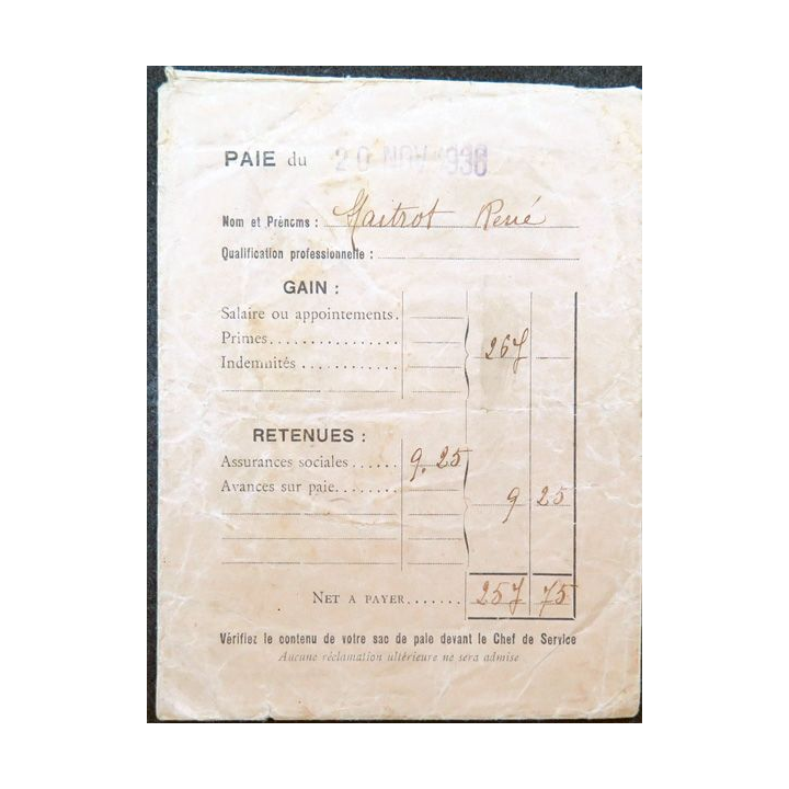 Sac (Enveloppe) de paie du 20 novembre 1936