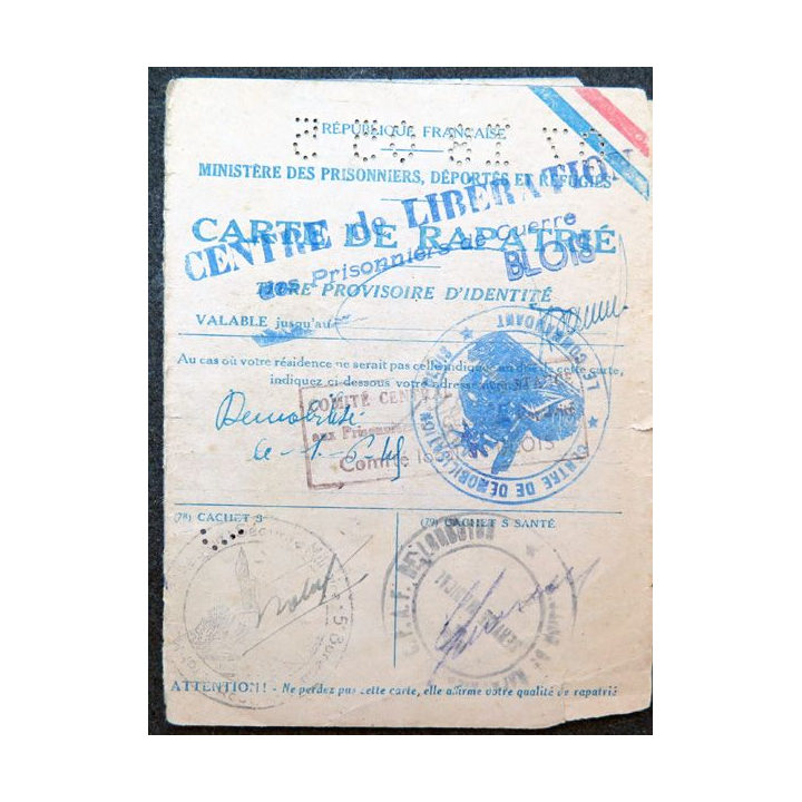 Carte de rapatrié du centre de libération ds prisonniers de guerre de Blois 19 novembre 1945