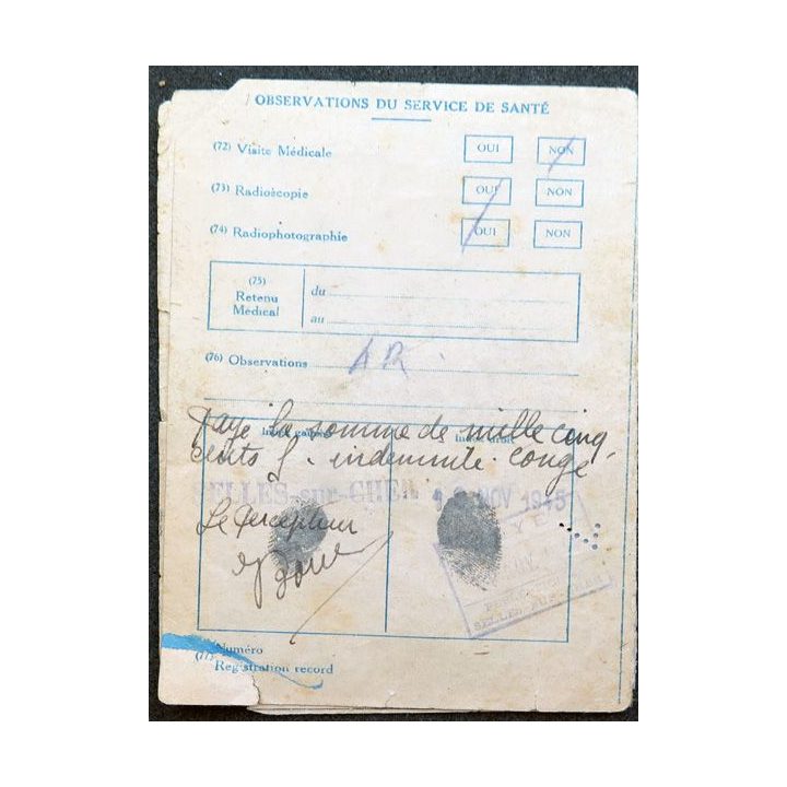 Carte de rapatrié du centre de libération ds prisonniers de guerre de Blois 19 novembre 1945