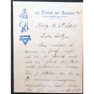 Lettre en allemand de Mailly le Camp Septembre 1921 Fouer du Soldat YMCA 