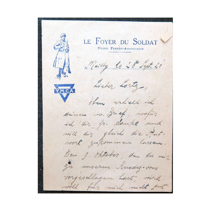 Lettre en allemand de Mailly le Camp Septembre 1921 Fouer du Soldat YMCA 