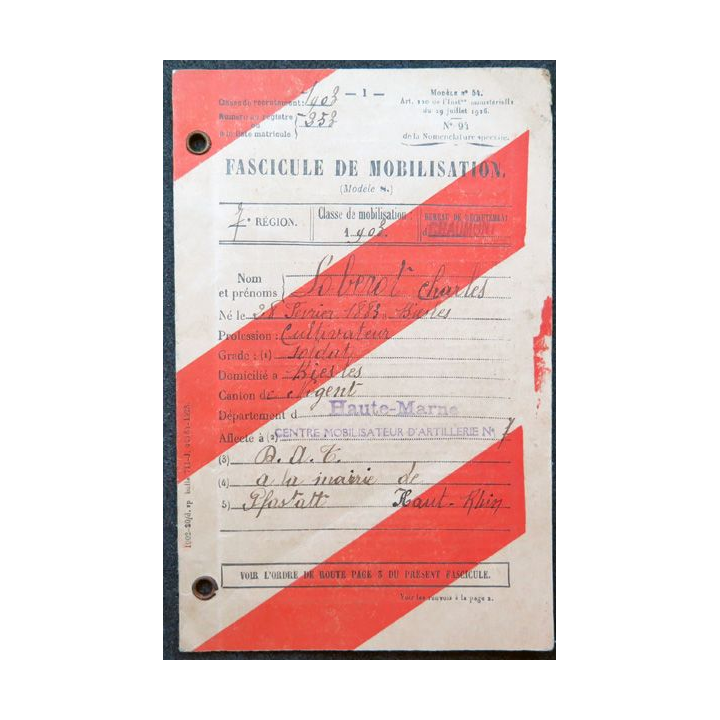 Fascicule de mobilisation de la classe 1903 7° région Centre mobilisateur artillerie Haute Marne