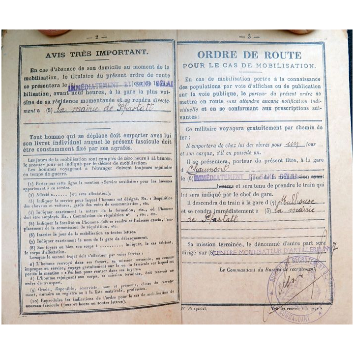 Fascicule de mobilisation de la classe 1903 7° région Centre mobilisateur artillerie Haute Marne